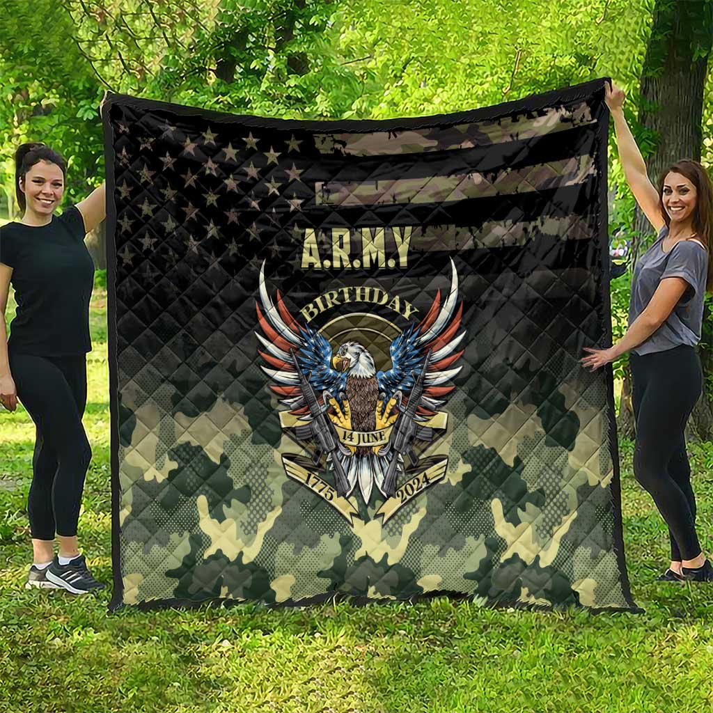 Camouflage quilt with black top stars, A.R.M.Y Birthday eagle print, and quilted texture