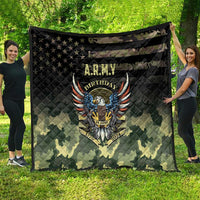 Camouflage quilt with black top stars, A.R.M.Y Birthday eagle print, and quilted texture