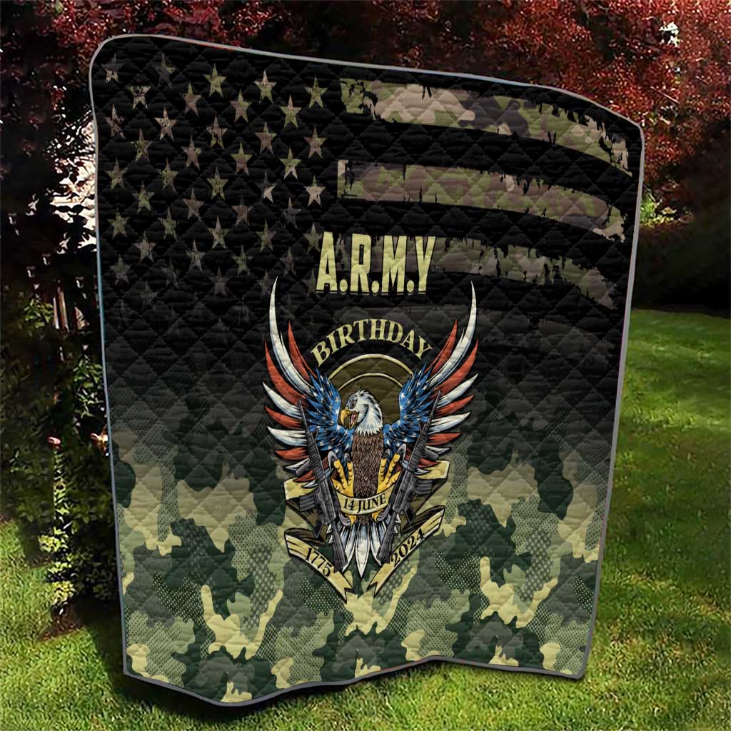 Army Birthday quilt with black quilted diamonds, A.R.M.Y eagle crest, and camo panels