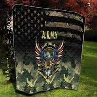 Army Birthday quilt with black quilted diamonds, A.R.M.Y eagle crest, and camo panels