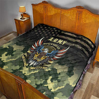 Camouflage quilt for bed with black stars band and large A.R.M.Y Birthday eagle artwork