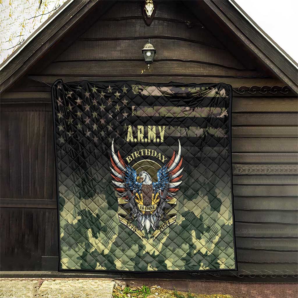 Black and green camo quilt with quilted grid pattern and A.R.M.Y Birthday eagle emblem