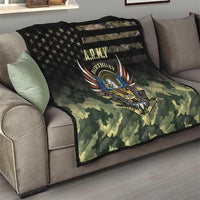 Army Birthday 2024 quilt in black and green camouflage with A.R.M.Y eagle graphic