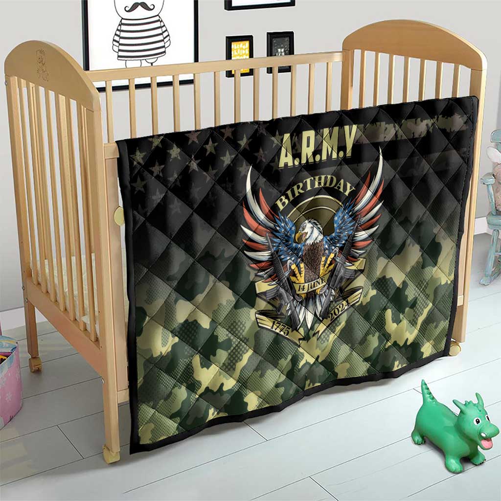 Kids quilt with black star section, green camouflage bottom, and A.R.M.Y Birthday eagle print
