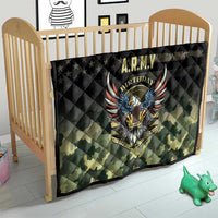 Kids quilt with black star section, green camouflage bottom, and A.R.M.Y Birthday eagle print