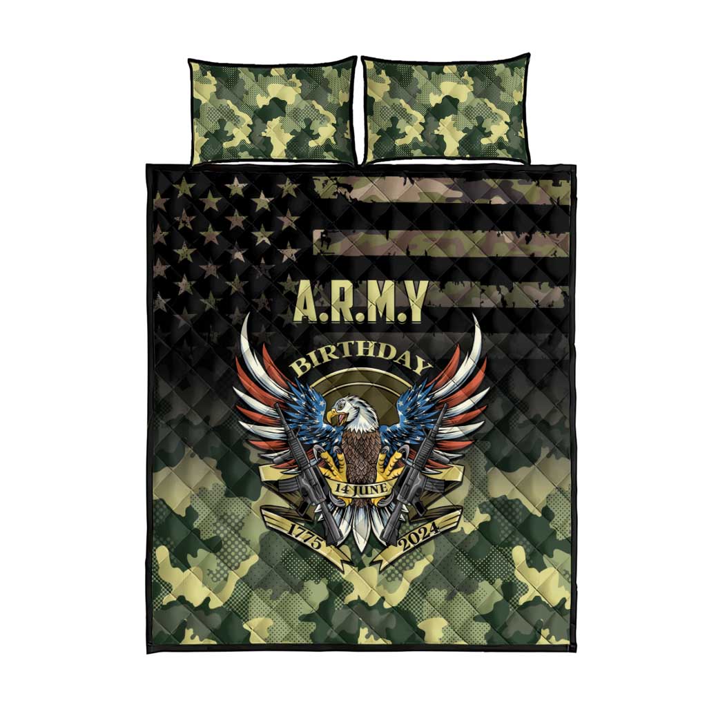 Camouflage quilt bed set with black panel and A.R.M.Y Birthday eagle graphic
