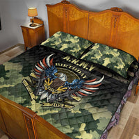 Camouflage quilt bed set with black stripe border and A.R.M.Y Birthday eagle print