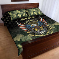 Camouflage quilt bed set with A.R.M.Y Birthday eagle emblem on black-and-green quilt