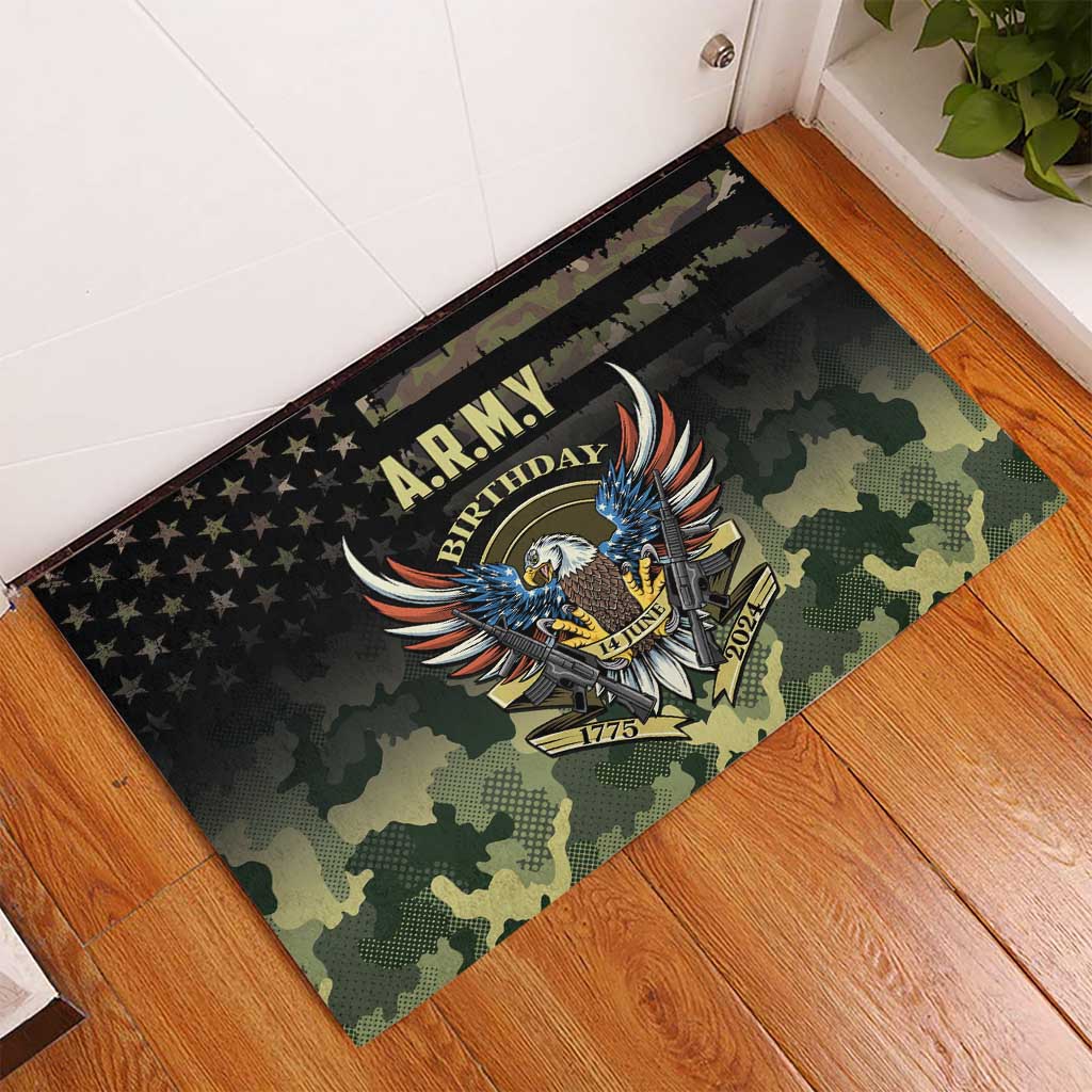 Black rubber doormat with ARMY Birthday eagle graphic and green camo pattern