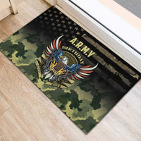 Black rubber doormat with ARMY Birthday eagle badge on green camo background