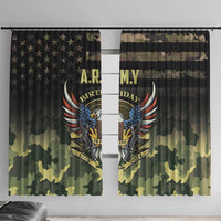 Army-themed black window curtain with stars, camouflage band, and eagle graphic