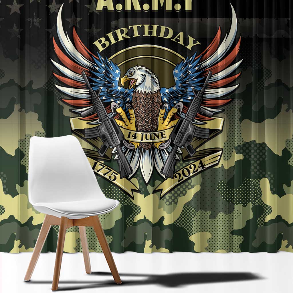 Black window curtain with large eagle emblem and birthday text in the center