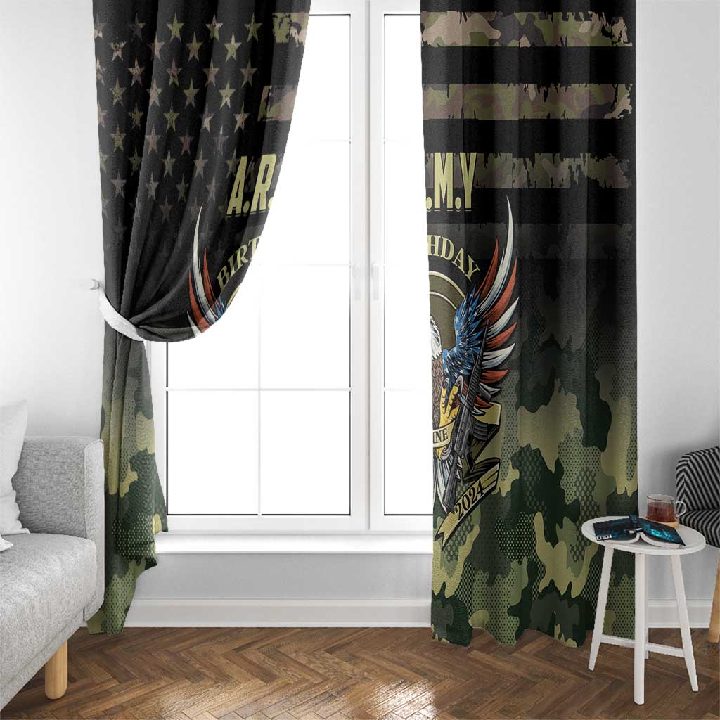 Black and green camouflage window curtain with central eagle emblem design