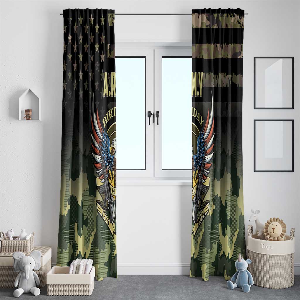 Army birthday window curtain pair with star header, camo bottom, and eagle print