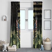 Army birthday window curtain pair with star header, camo bottom, and eagle print