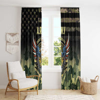 Black and green camouflage window curtain panels with eagle and date emblem