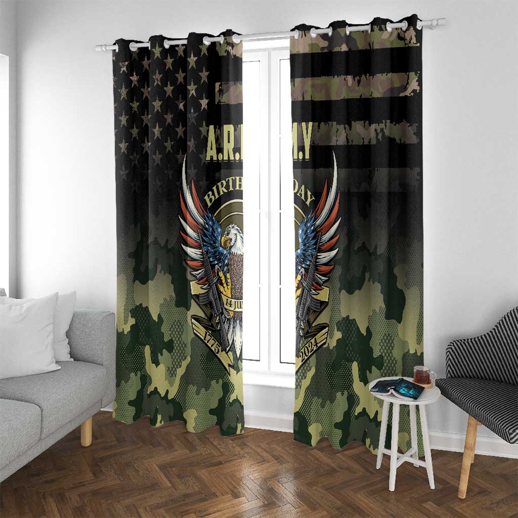 Army-themed black window curtain panels with eagle graphic and camouflage stripe band