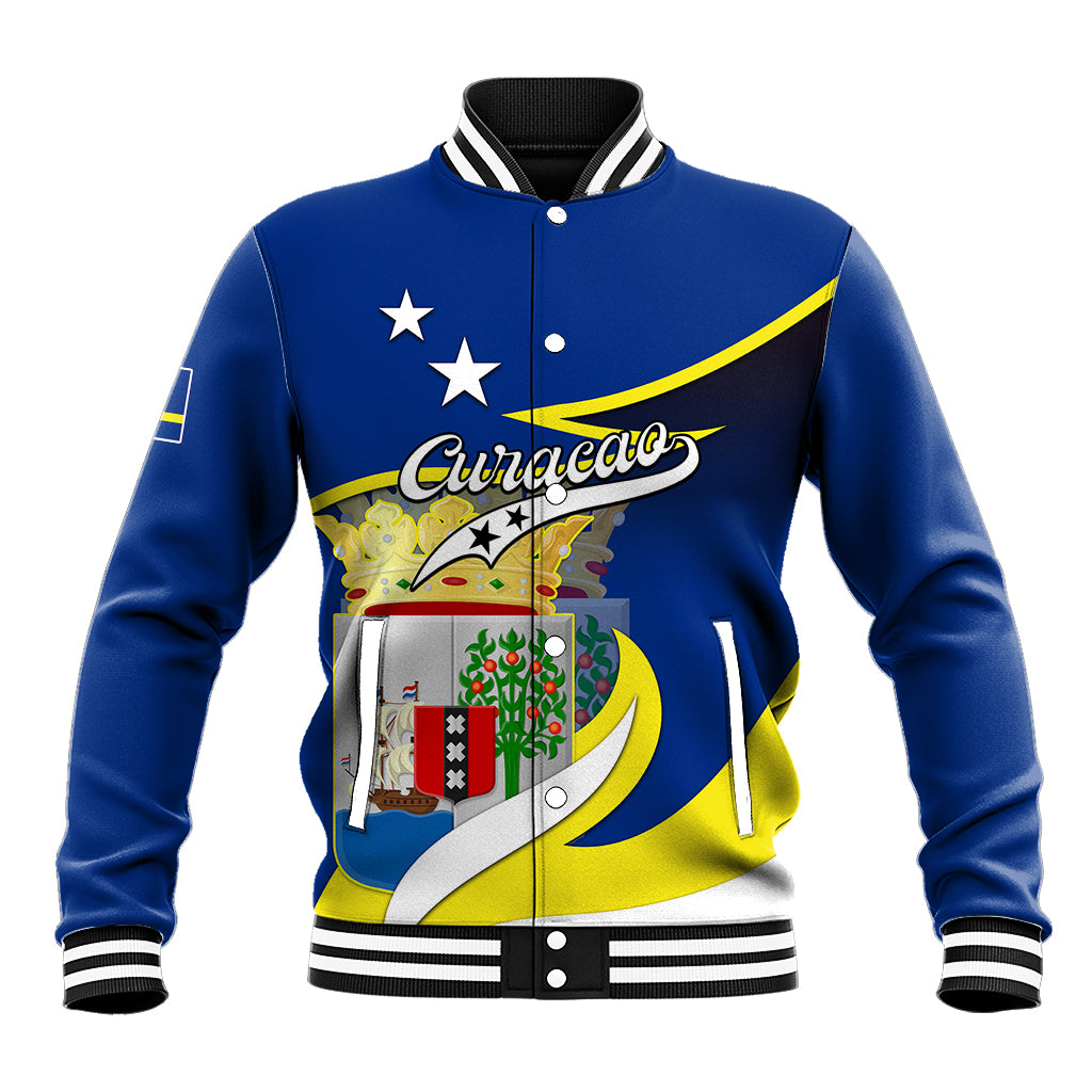Blue baseball jacket with striped rib trim, snap front, and Curacao crest and map graphic