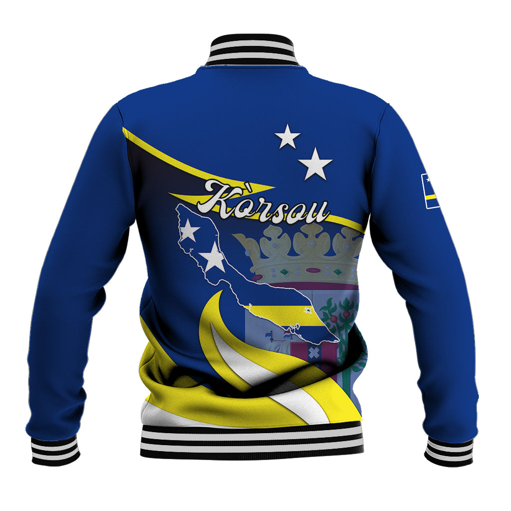 Blue baseball jacket back with striped rib trim and map, crest, and stars graphic