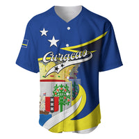 Blue baseball jersey with V-neck button placket, front graphic map and coat of arms