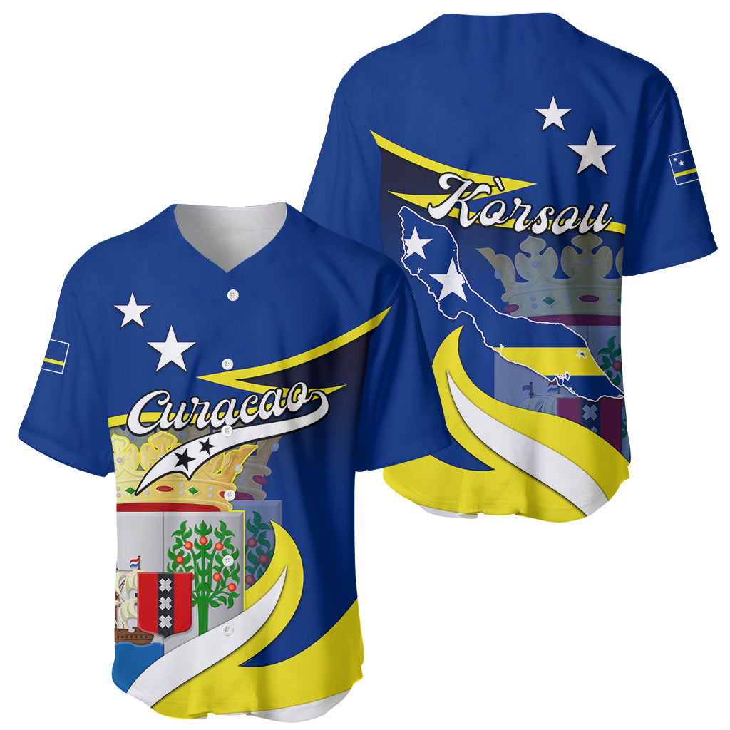 Pair of blue baseball jerseys: front 'Curacao' graphic and back 'Korsou' map design