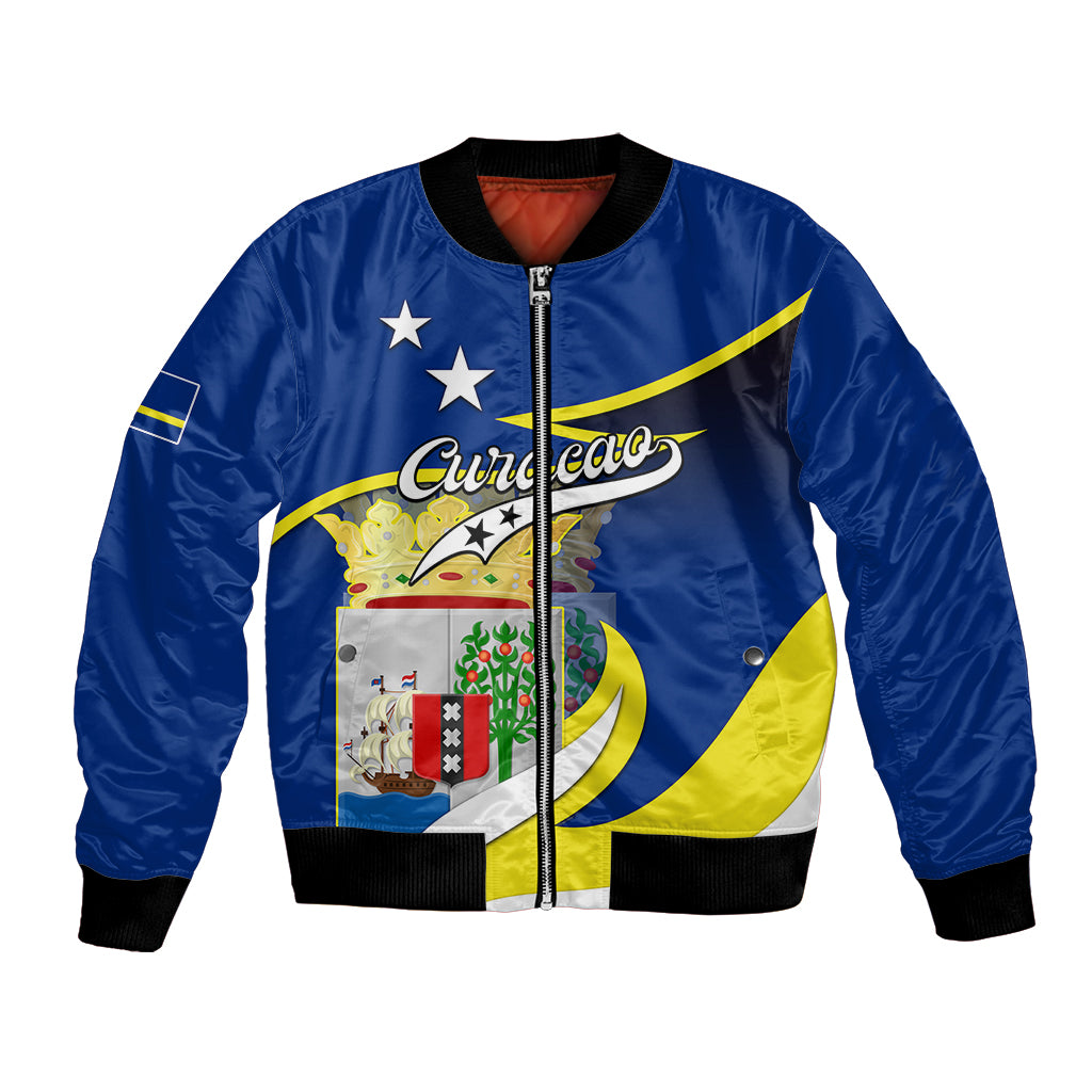 Blue unisex bomber jacket with front zip, ribbed cuffs, and Curacao crest graphic panel