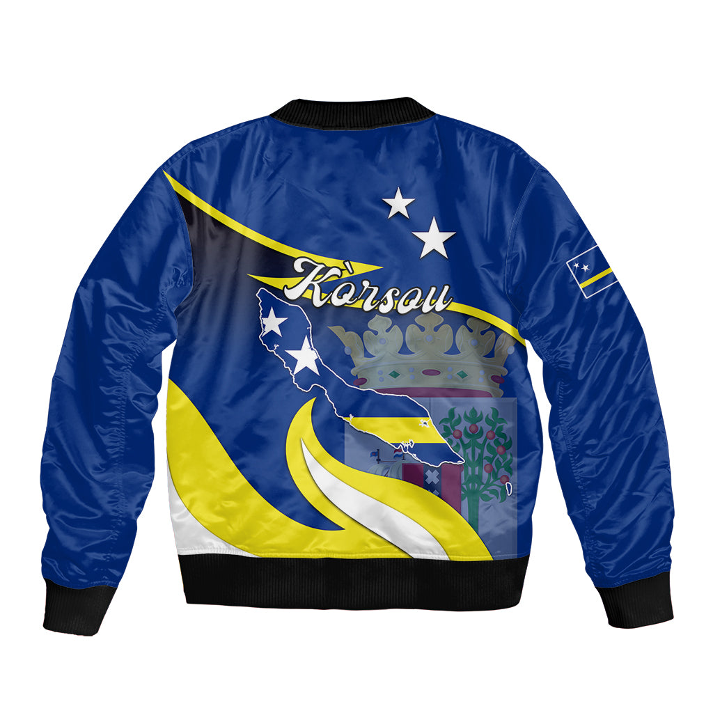 Blue unisex bomber jacket back with ribbed hem and Korsou map graphic with stars