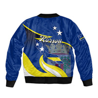 Blue unisex bomber jacket back with ribbed hem and Korsou map graphic with stars