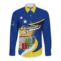 Blue long sleeve button shirt with yellow collar and Curacao graphic print