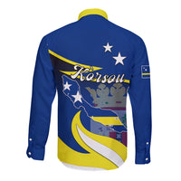 Blue long sleeve button shirt with yellow collar and back map graphic