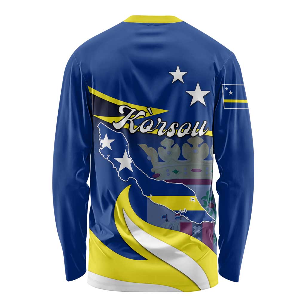 Blue long-sleeve shirt with back map graphic and 'Korsou' text, yellow sleeve trim