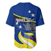 Blue baseball jersey, back print with stars and map graphic, yellow ribbon trim