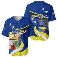 Blue baseball jersey set showing front and back prints with stars and map graphics