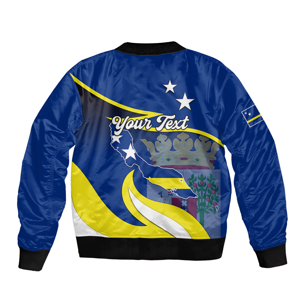 Blue bomber jacket with ribbed collar, back graphic with stars, map and Your Text