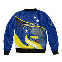 Blue bomber jacket with ribbed collar, back graphic with stars, map and Your Text