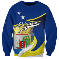 Unisex blue sweatshirt with Curacao map and coat-of-arms graphic, crew neck
