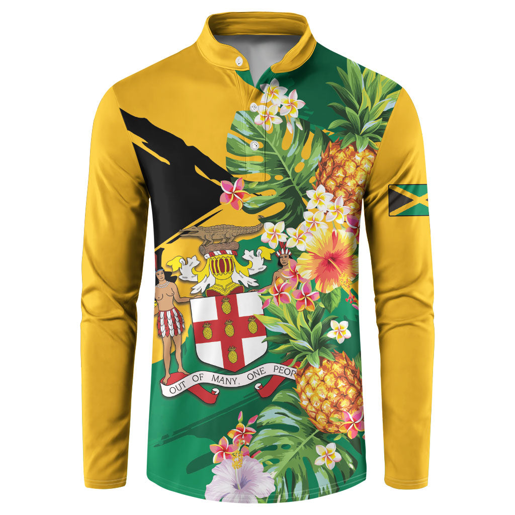 Personalized Jamaica Pineapple Button Sweatshirt Coat of Arms Tropical Flowers
