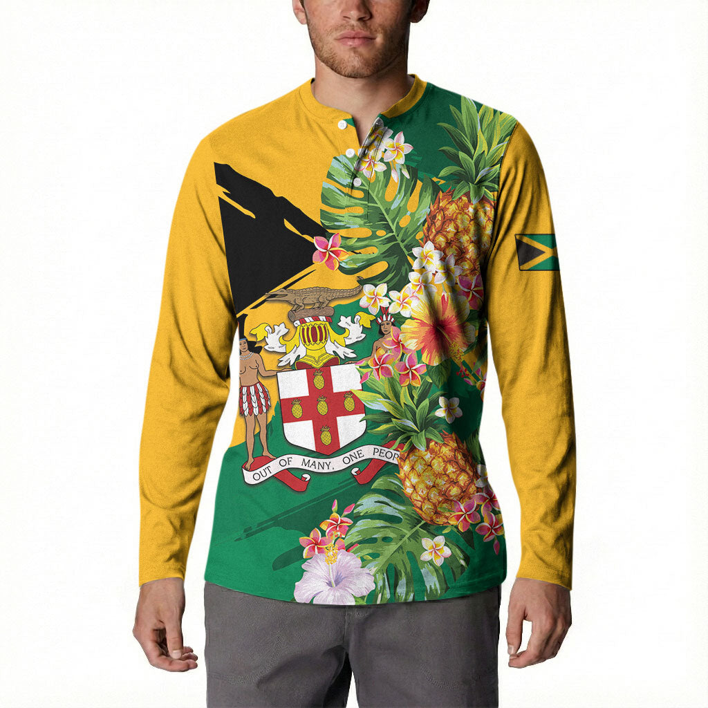 Personalized Jamaica Pineapple Button Sweatshirt Coat of Arms Tropical Flowers