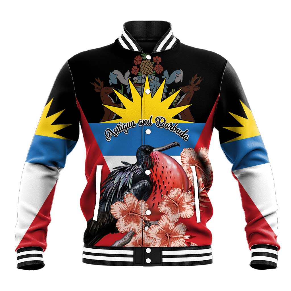 Black unisex baseball jacket with striped collar, multicolor sleeves, front tropical bird graphic