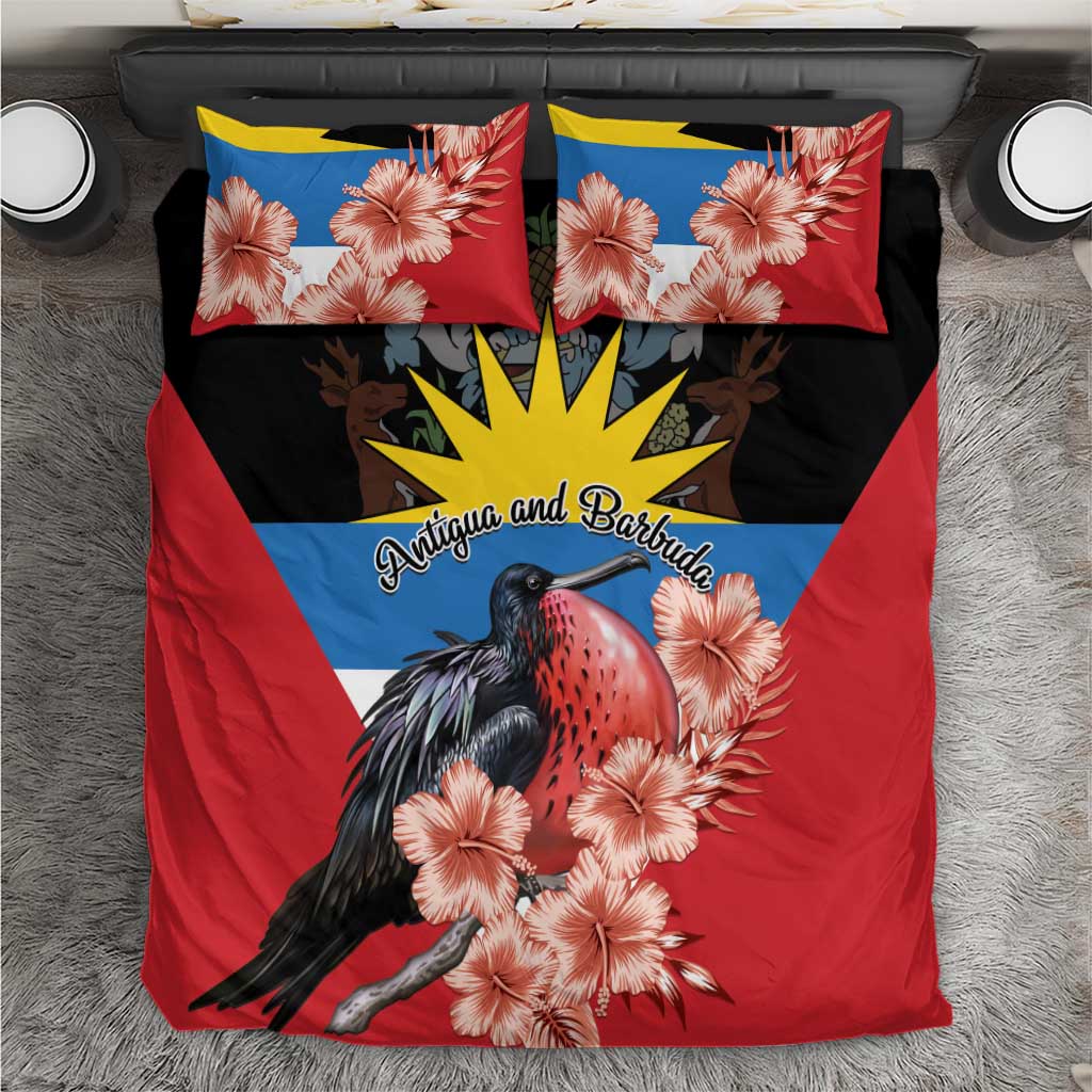 Red duvet cover with black bird, pink hibiscus, blue-yellow emblem, and matching pillowcases