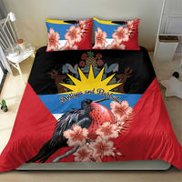 Red duvet cover with hibiscus flowers and black bird, blue-yellow shield center, two pillows