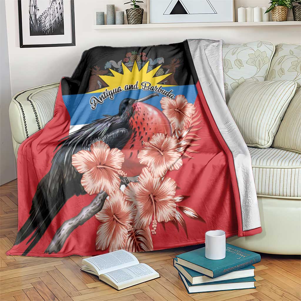 Antigua and Barbuda blanket draped, black-red-blue with frigatebird and pink hibiscus flowers