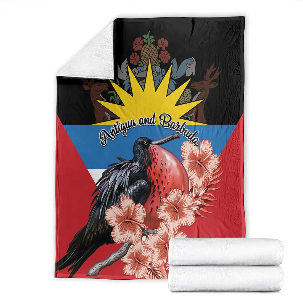 Antigua and Barbuda blanket folded, black-red-blue with frigatebird and pink hibiscus flowers