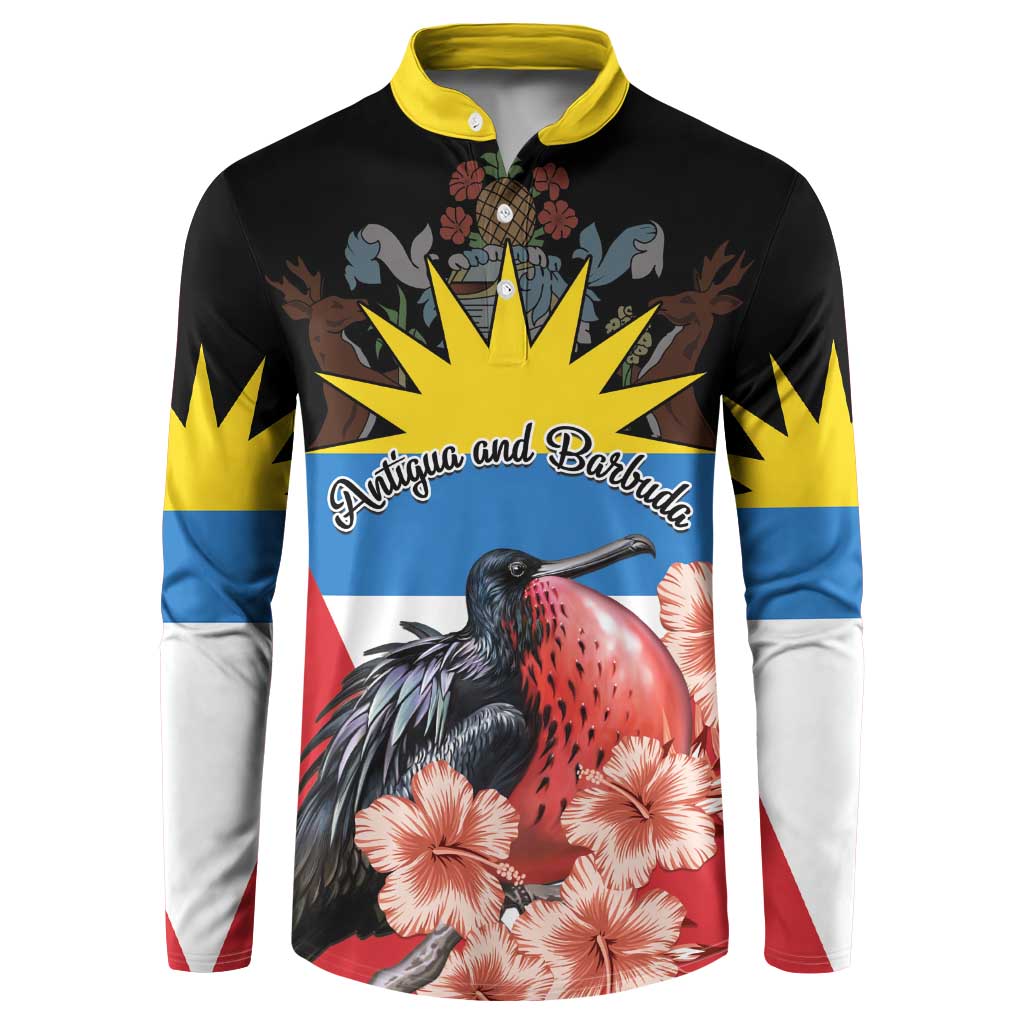 Personalized black button sweatshirt with Antigua and Barbuda graphic, frigatebird and hibiscus