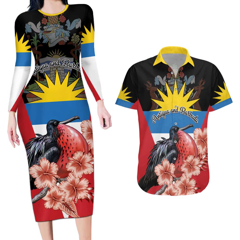 Personalized Antigua and Barbuda Couples Matching Long Sleeve Bodycon Dress and Hawaiian Shirt Magnificent Frigatebird Hibiscus - Wonder Print Shop