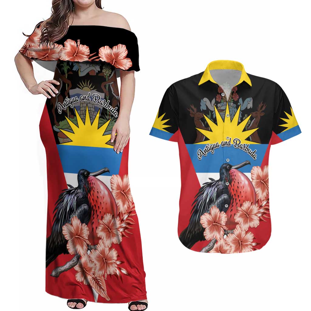 Personalized Antigua and Barbuda Couples Matching Off Shoulder Maxi Dress and Hawaiian Shirt Magnificent Frigatebird Hibiscus - Wonder Print Shop