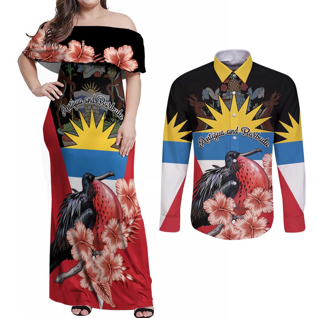 Personalized Antigua and Barbuda Couples Matching Off Shoulder Maxi Dress and Long Sleeve Button Shirt Magnificent Frigatebird Hibiscus - Wonder Print Shop