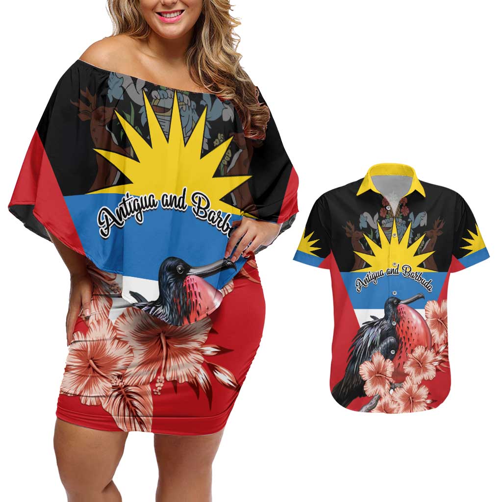 Personalized Antigua and Barbuda Couples Matching Off Shoulder Short Dress and Hawaiian Shirt Magnificent Frigatebird Hibiscus - Wonder Print Shop