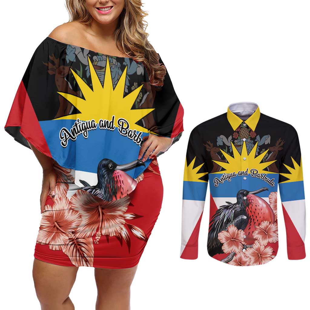 Personalized Antigua and Barbuda Couples Matching Off Shoulder Short Dress and Long Sleeve Button Shirt Magnificent Frigatebird Hibiscus - Wonder Print Shop