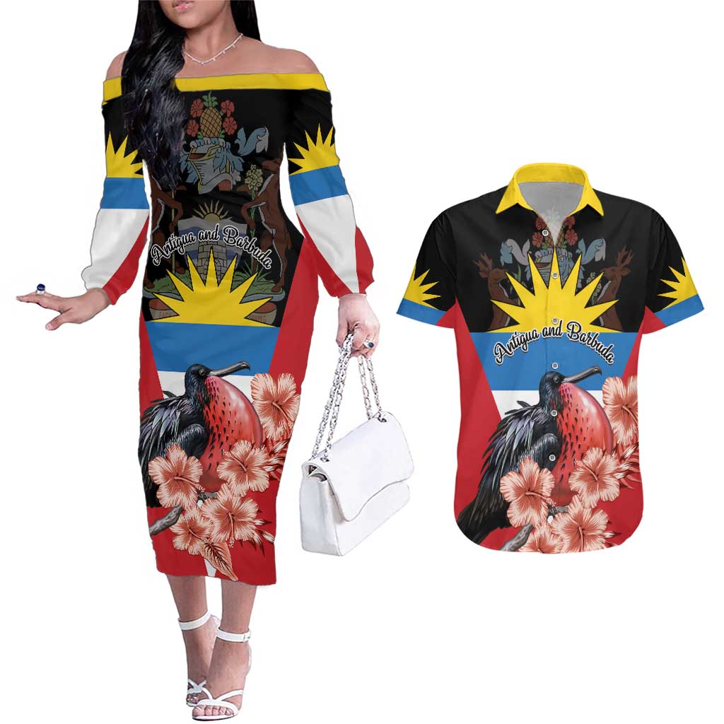 Personalized Antigua and Barbuda Couples Matching Off The Shoulder Long Sleeve Dress and Hawaiian Shirt Magnificent Frigatebird Hibiscus - Wonder Print Shop